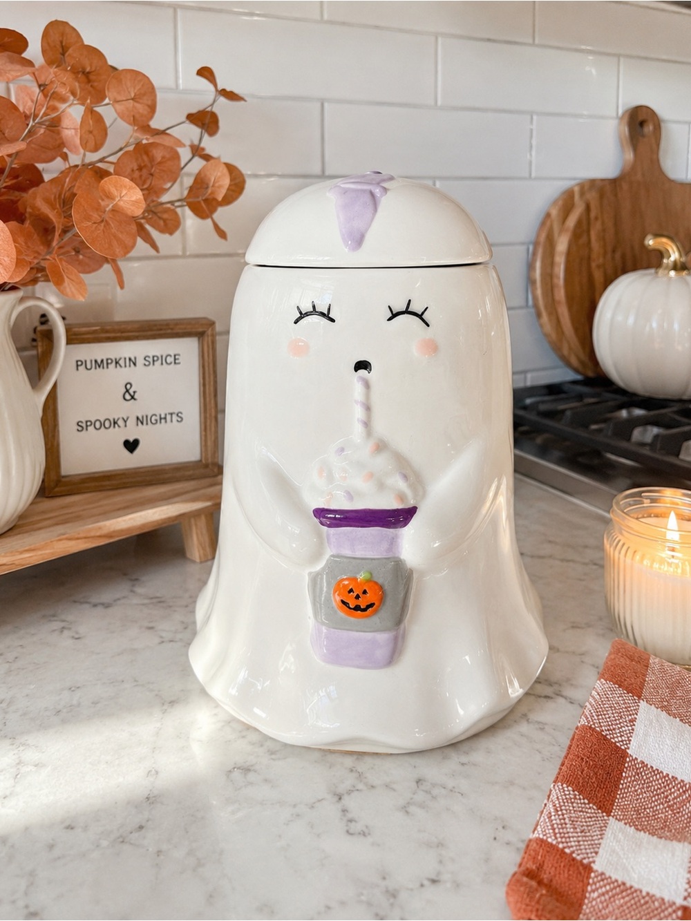 Ghost Holding Pumpkin Spice Latte Ceramic Halloween Cookie Jar Canister